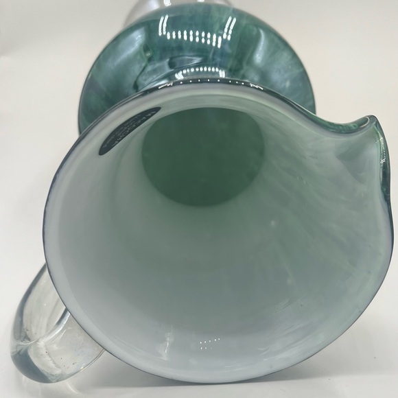 Vintage Studio Art Glass MACOCHA Poland Green Iridescent Pitcher 9.5” Tall - Picture 5 of 6